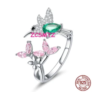Sterling Silber Hummingbird Ring Weiß Vergoldet S925 Open End Ring Für Frauen - Picture 1 of 12