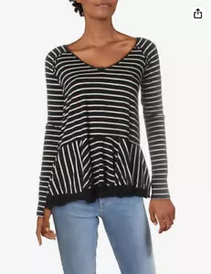 Free People We The Free Tangerine Black and White Striped Peplum Top Size Small - Picture 1 of 12