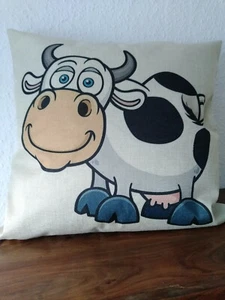 Kissenhülle Cartoon Kuh 45x45 cm Leinen/Baumwolle, Kuhkissen blauäugig - Bild 1 von 3