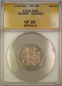 1722 Great Britain Silver Shilling Coin George I ANACS VF-30 Details Cleaned - Picture 1 of 2