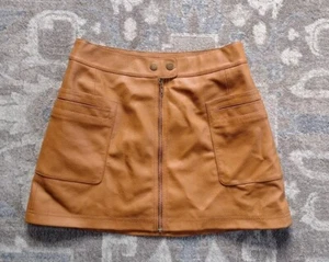 Free People Mini Skirt Neutral Womens 4 Tan Faux Leather Short Zip Bohemian 70 - Picture 1 of 8