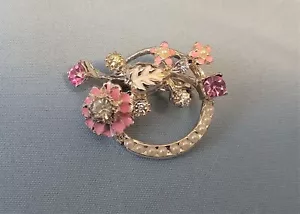 Vintage Pink Enamel Floral Brooch w/ Rhinestones & Pearls - Silver Tone - EUC - Picture 1 of 7