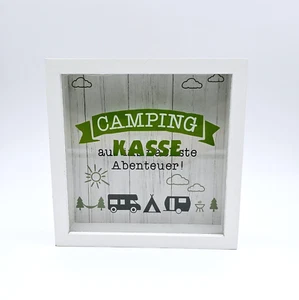 Gilde MDF Spardose "Campingkasse" Sichtfenster Weiß Grün Schwarz Abenteuer - Bild 1 von 1