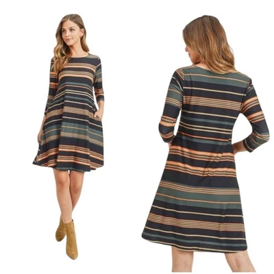 Платье Yelete в полоску женское размер большой эластичное рукав 3/4 карманы мягкое удобное - Изображение 1 из 4