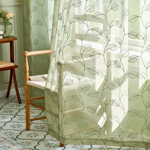 Sage Sheer Curtains Leaf Embroidered 84 Inch Long for Living Room Bedroom Rod... - Picture 1 of 7