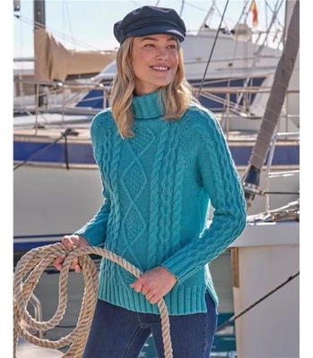 Suéter Woolovers Tejido con Cable de Lana Mujer M Pescador Cuello Alto Azul Teal Grueso Foto 1 de 4