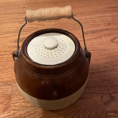 Antique Stoneware Bean Pot 2 Tone Brown with Wire & Wood Handle Unique Rare - Image 1 of 4