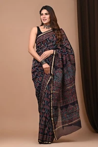 Sari y blusa de tela de seda pura estampada en bloques indios para mujer ropa de boda - Imagen 1 de 3