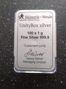 100x 1 Gramm Silberbarren 999.9 Heimerle&Meule in Box Silber Barren Anlage Münze - Bild 1 von 3