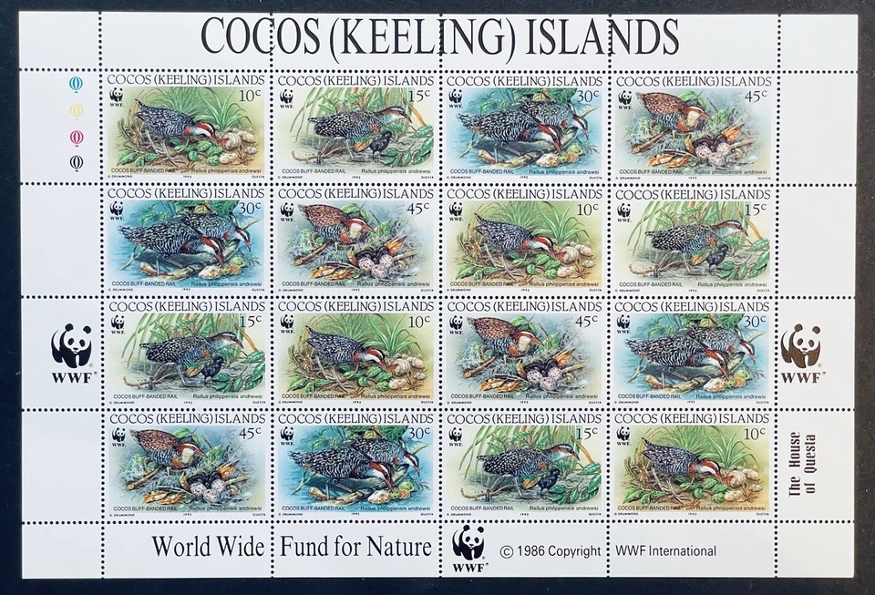 ILHAS COCOS WWF FOLHA DE SELOS DE PÁSSAROS TRILHO COM FAIXAS 1992 MNH FAUNA DA VIDA SELVAGEM - Imagem 1 de 1