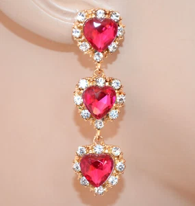 Orecchini Donna cuori rosa fucsia cristalli oro dorato pendenti strass UNW27 - Foto 1 di 1