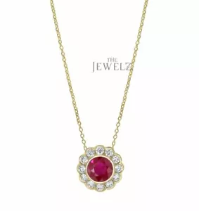 14K Gold VS/F-G Diamond And Ruby Gemstone Floral Pendant Necklace - The Jewelz - Picture 1 of 3