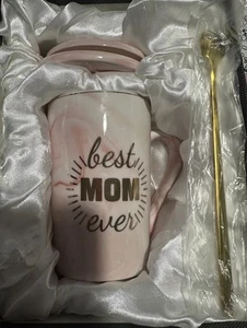 Best Mom Ever Coffee or tea Mug Pink Gift set With Golden Spoon And Coaster - Picture 1 of 6