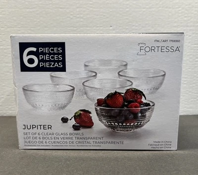 Fortessa Jupiter Clear Glass Bowls Set of 6 - Cereal, Soup, Salad. New