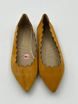 Adrienne Vittadini AV-FOX Flats Womens 9M Mustard Yellow Suede Scallop Trim - Image 1 of 4