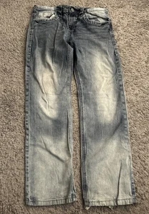 Project Mayhem Jeans Mens 34x32 Blue Distressed Embroidered Denim Thick Stitch - Picture 1 of 11