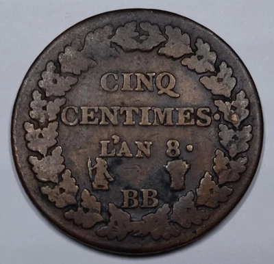 Monnaie Révolutionnaire, 5 Centimes Dupré An 8 BB (Strasbourg) - Photo 1/2