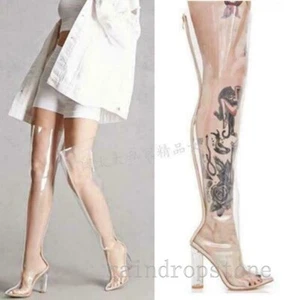 Women Transparent Pointy Toe High Heels Over Knee Thigh Boots Clubwear Sandals - Picture 1 of 26