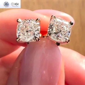 2.00TCW IGI F VS1 Cushion Cut Lab Grown Diamond Stud Earring In 14K Yellow Gold - Picture 1 of 10