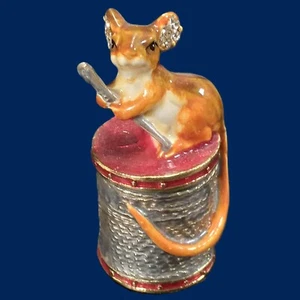 Sewing Mouse Thimble Metal & Enamel with Swarovski Crystal Ears Orange Interior - Picture 1 of 8