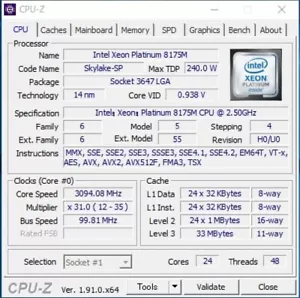 Intel Xeon Platinum 8175M SR3FU 24C 2.5GHz 3.1/3.5GHz 33MB 240W LGA3647 DDR4-266 - Picture 1 of 13