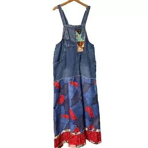 Upcycled Bib Overall Maxi Dress M/L Boho Festival Artsy Bandana Rockabilly 70s - Picture 1 of 22