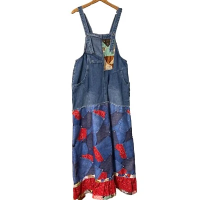 Upcycled Bib Overall Maxi Dress M/L Boho Festival Artsy Bandana Rockabilly 70s - Image 1 of 4
