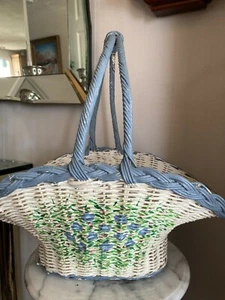 Vintage Handpainted Large Wicker Basket 17” High Including Handle X 28” Wide - Picture 1 of 8