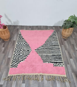 Moroccan Artistic Handmade Pink Boho Boujaad Rug Large Checker Berber carpet