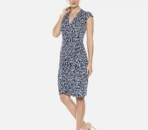 Lark & Ro Cap Sleeves Wrap Dress Blue Floral Print Size L Work Classic Career - Picture 1 of 11