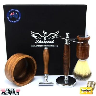 Vintage Classic Wooden Straight Cut Throat Shaving Razor Gift Set 5Pc Luxury Kit - Imagen 1 de 4