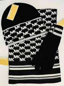 $178 Michael Kors 3-Piece Set SCARF, HAT & GLOVES Mk Logo Black, White & Silver - Picture 1 of 8