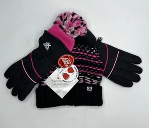 Girls Size M/L ZeroXposur Winter Pom Beanie Hat & Gloves Set Pink Black - Picture 1 of 6