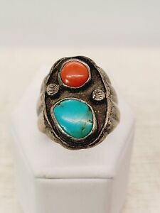 STERLING NATIVE AMERICAN TURQUOISE CORAL RING SIZE 11