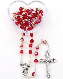NEW MADE IN ITALY LOVELY DELICATE RED GLASS ROSARY IN HEART SHAPED GIFT BOX