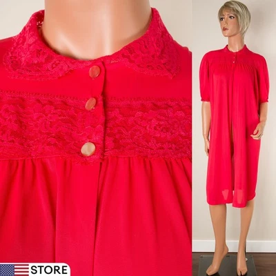 💖 VTG Women's Robe Red Short Robe LARGE Silky Nylon Short Sleeve Lace Trim USA - Image 1 of 4