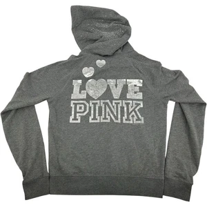 VTG y2k Women's Grey Victoria's Secret 'Love Pink' Full Zip Hoodie Sweatshirt~ L - Picture 1 of 8