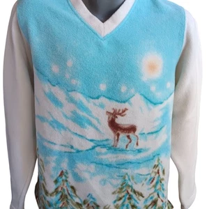 Vintage Damen Fleece Pullover Medium Catalina Bergszene V-Ausschnitt Hirsch Bäume - Bild 1 von 5