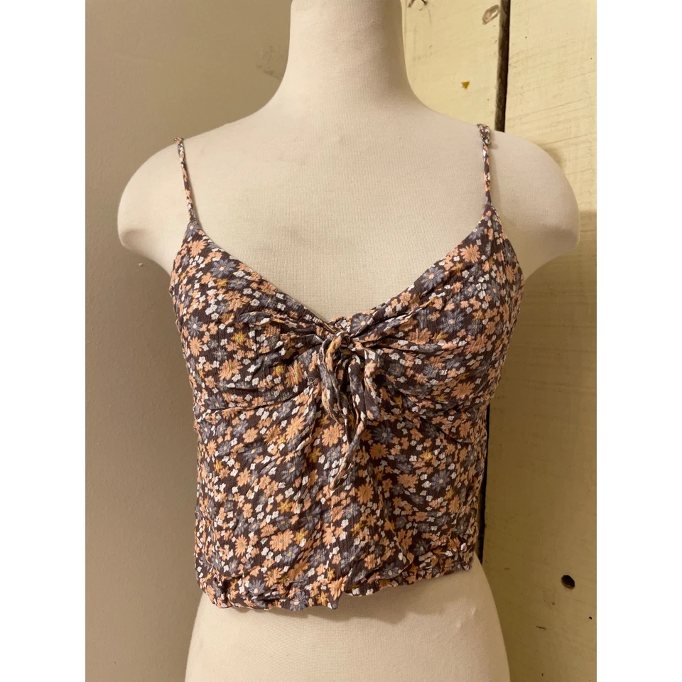 Volcom Womens Size Medium Floral Cami Crop Top Tie Front Spaghetti Strap - Image 1 of 4