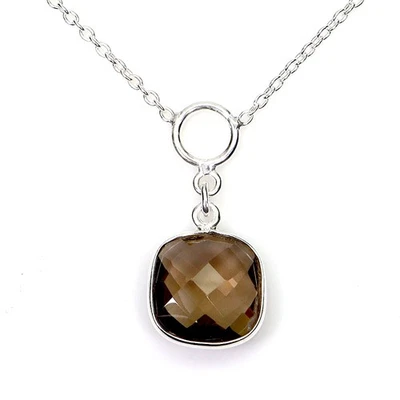 925 Sterling Silver Necklace Cushion Smoky Quartz 12mm Gemstone Jewelry 18 Inch - Image 1 of 4