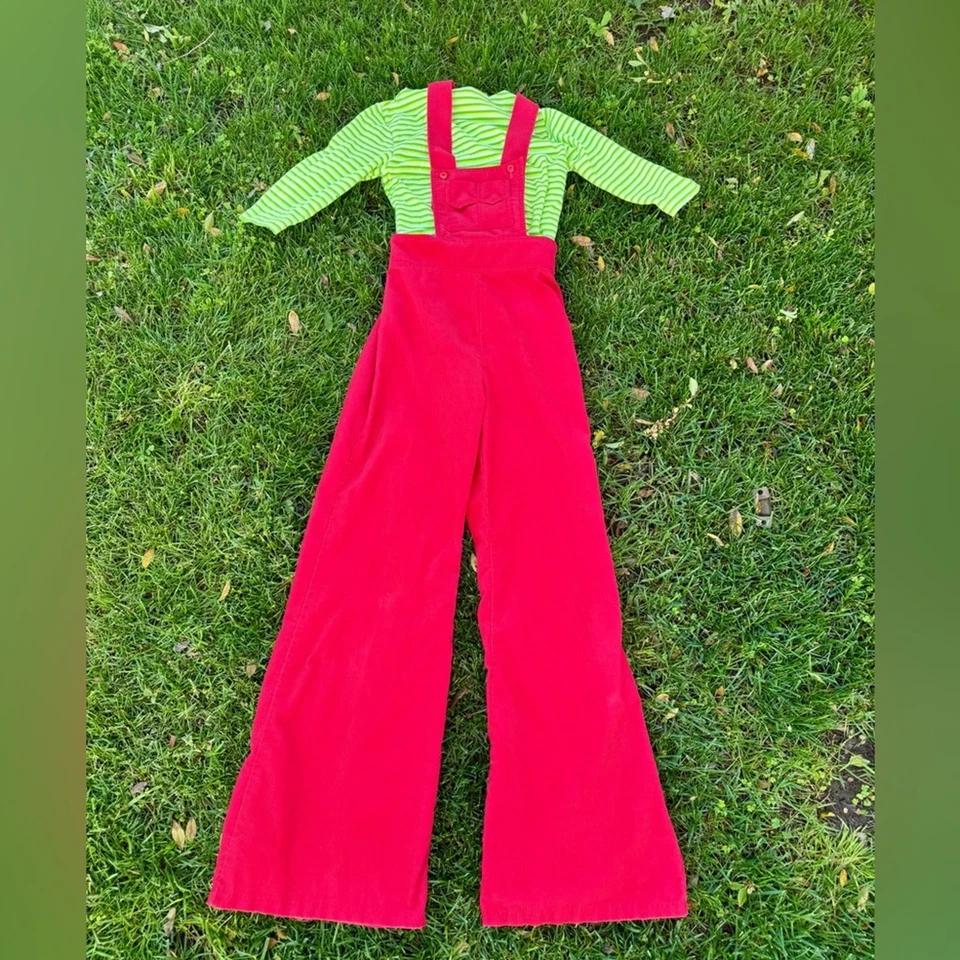 70s Vintage Red Corduroy Flared Overalls Sz Xs - Image 1 of 4