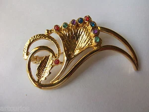 BIJOUX FANTAISIE ravissante BROCHE métal doré & petites pierres de couleur - Foto 1 di 1