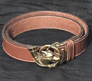 Vintage Polo Ralph Lauren Brown Leather Belt Brass Fox Hunting Horn Buckle Rare