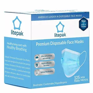 125Pack Litepak Disposable Face Cover Premium Comfort Earloops Dispenser Box - Picture 1 of 2