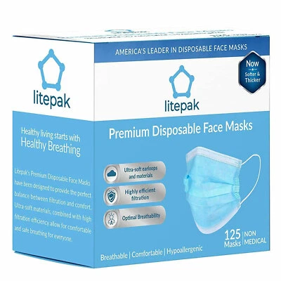125Pack Litepak Disposable Face Cover Premium Comfort Earloops Dispenser Box - Image 1 of 2