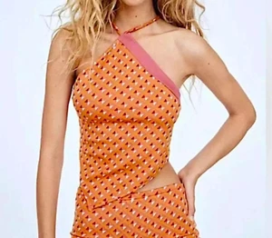 ZARA Crop Top Geometric Asymmetrical Halter Scarf Tank Orange S 5644/818/020 - Picture 1 of 10