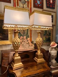 Pair of Fine Large Designer Carved Giltwood Pineapple Table Lamps With Custom Sh - Picture 1 of 11