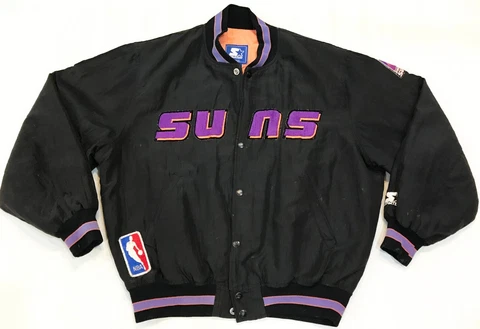 Vintage Starter NBA Phoenix Suns Bomber Jacket Sz M Black USA Spell Out Quilted Cover