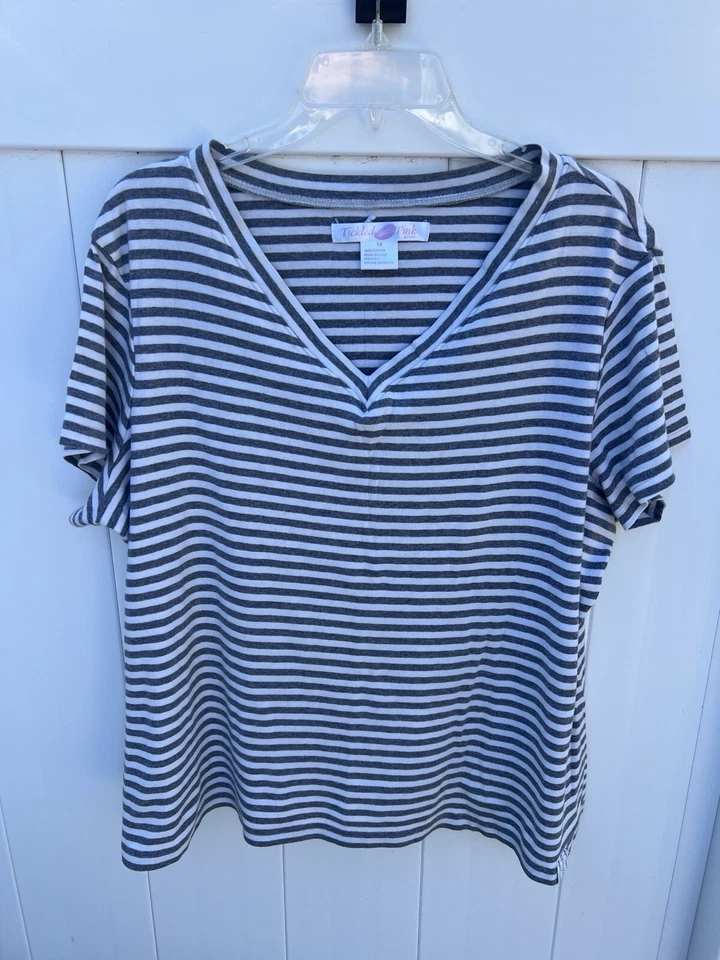 Щекотка розовый женская футболка белый серый в полоску короткий рукав плюс 1 X 100% хлопок - Изображение 1 из 3