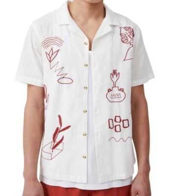Medium Cotton On Embroidered Red Art White Cabana Party Camp Shirt 44" - Image 1 of 4